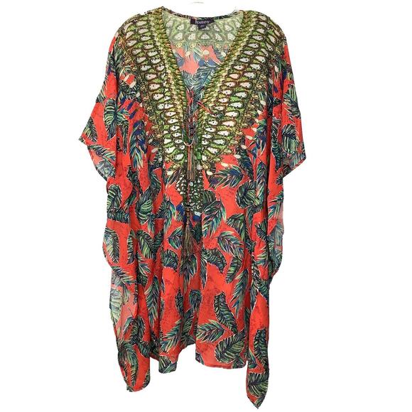 Roaman's Multicolored Swim Tunic Cover Up With Beaded Tassels Size 18W - Picture 1 of 7